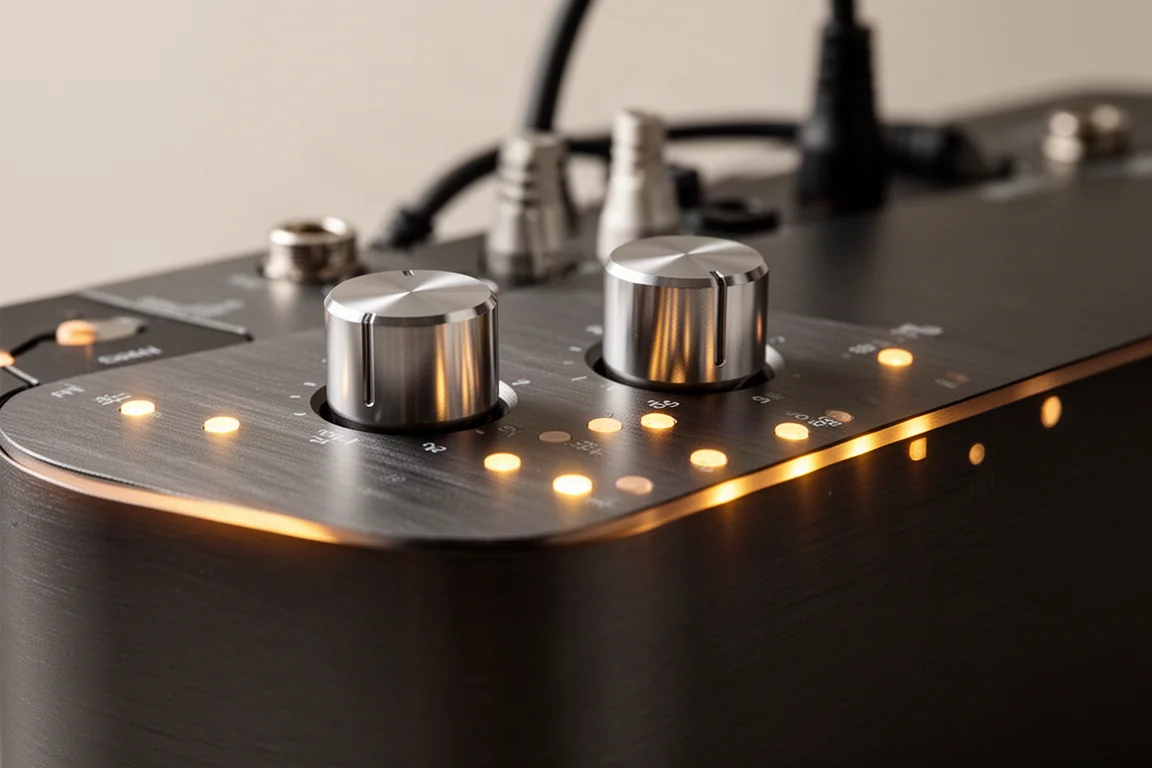 Close-up of interface front panel with gain knobs and glowing LED level meters