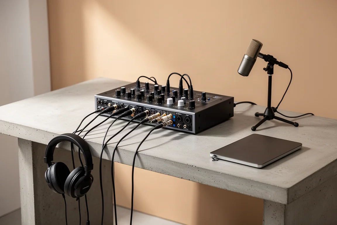 Studio desk with multi-input interface and several microphone cables ready for a session