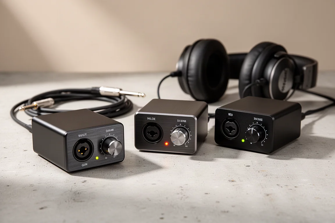 Three compact desktop audio interfaces with cables and studio headphones on a concrete surface