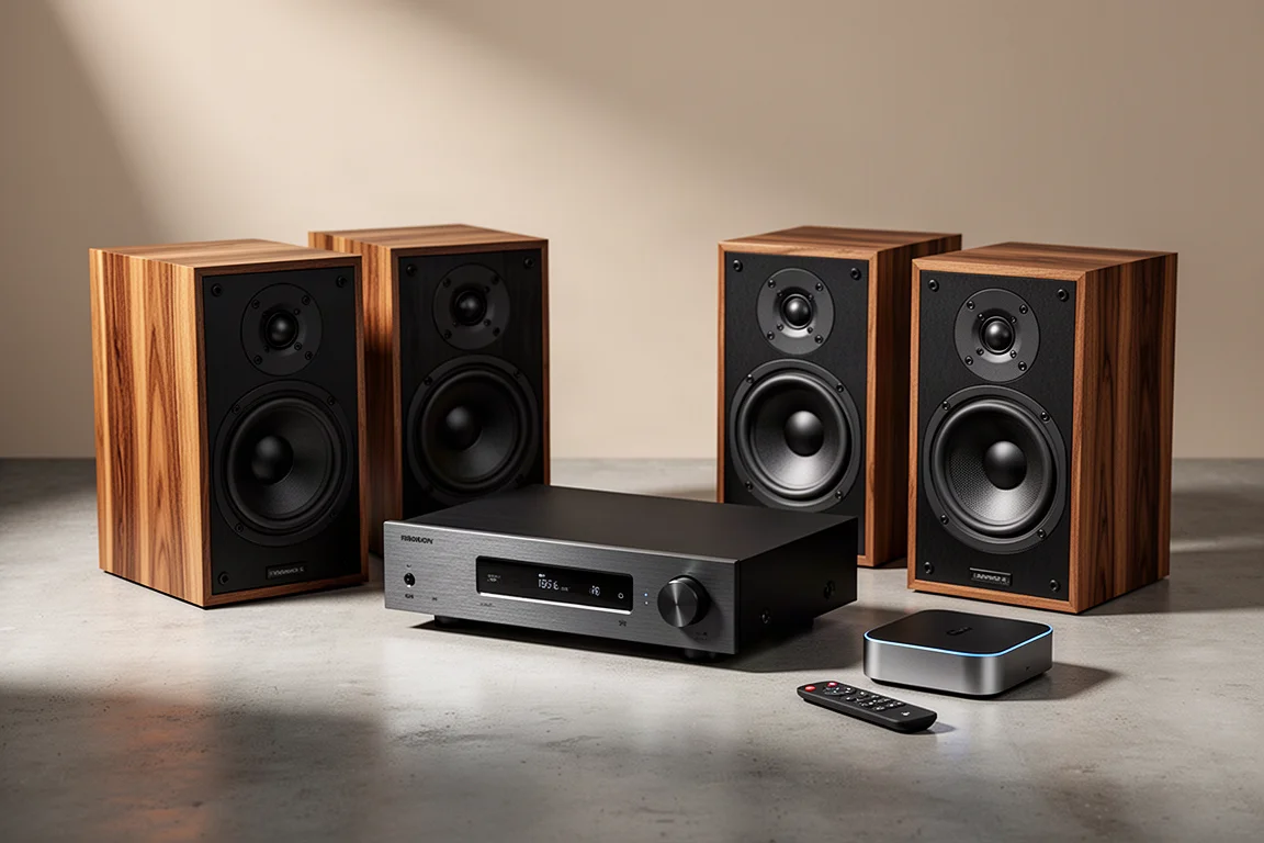 Home audio components including bookshelf speakers, an amplifier, and a streaming player on concrete