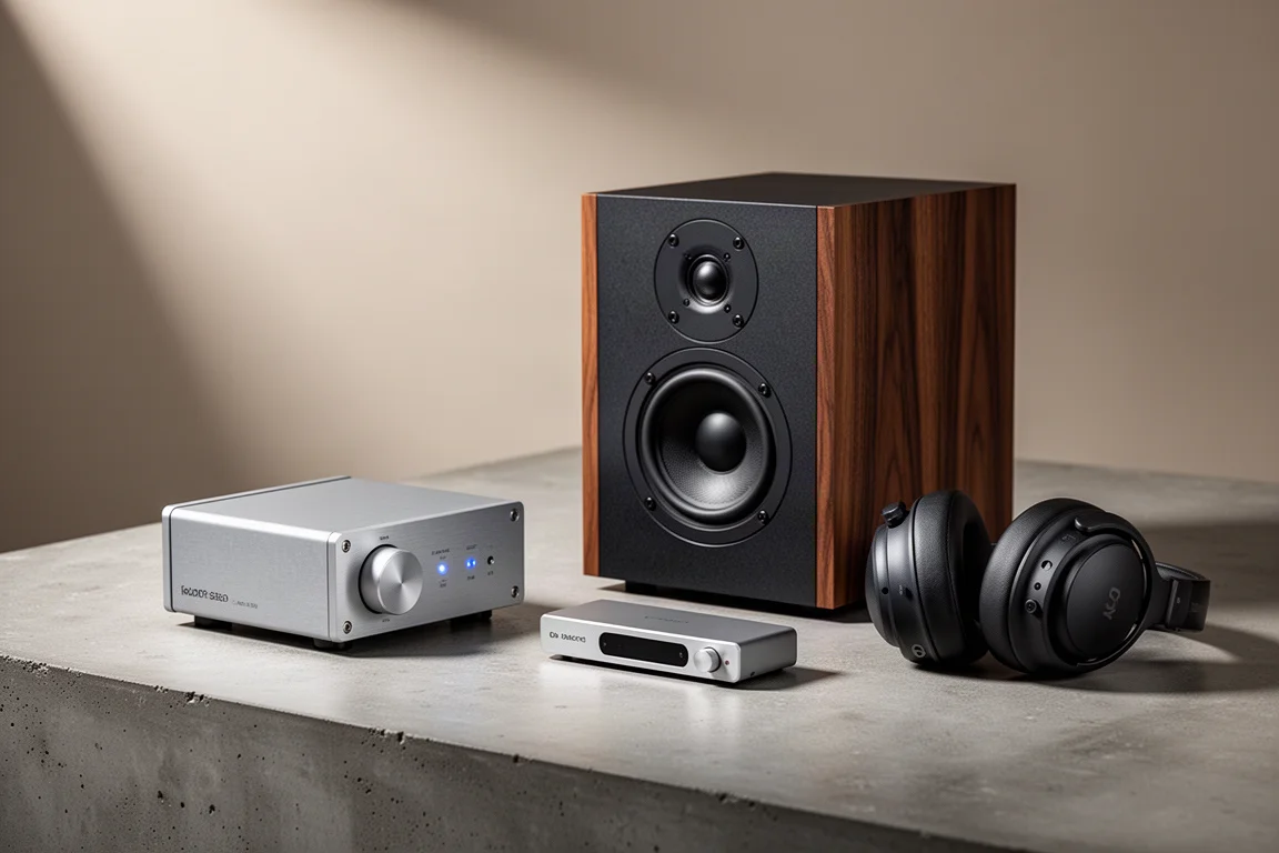Compact bookshelf speaker, small class D amplifier, desktop DAC, and closed-back headphones on concrete