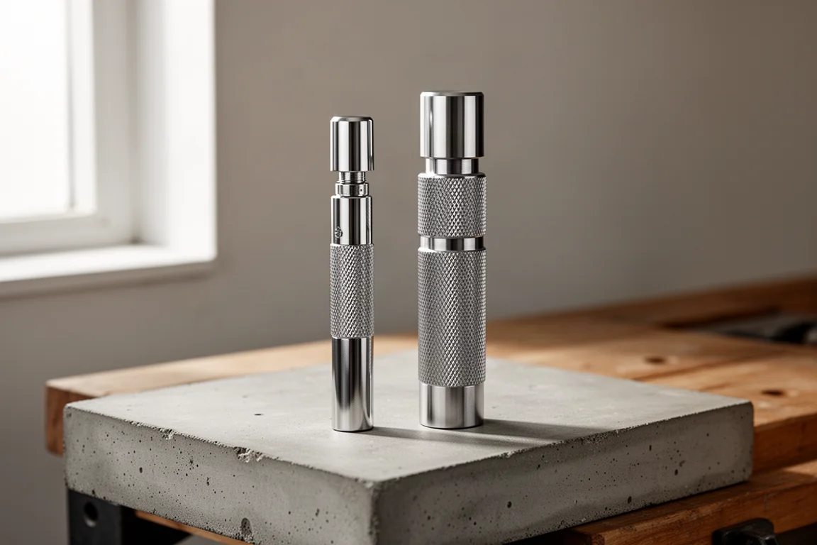 Two auto center punches standing side by side on a concrete workbench