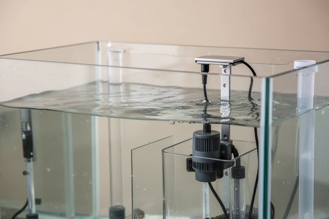 Compartimento de sump de aquário com uma pequena bomba de recalque e um suporte de sensor na linha da água