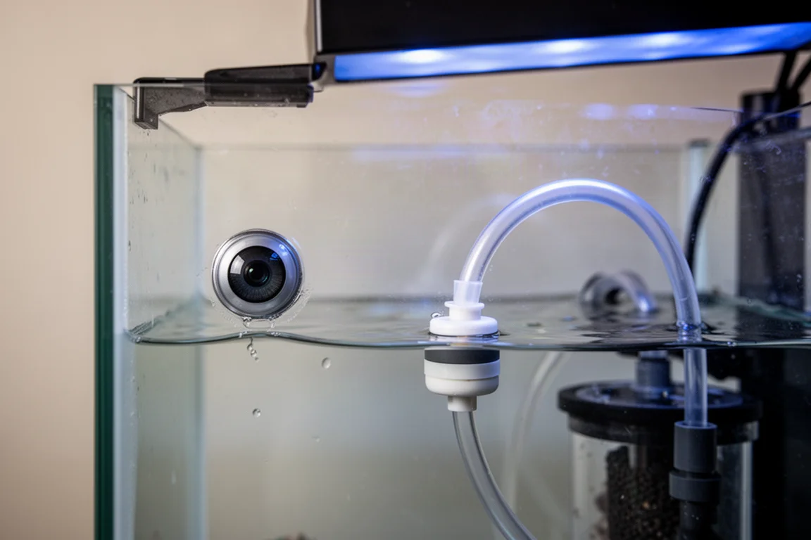 Sensor óptico e válvula de boia posicionados na linha da água dentro de uma câmara de filtragem