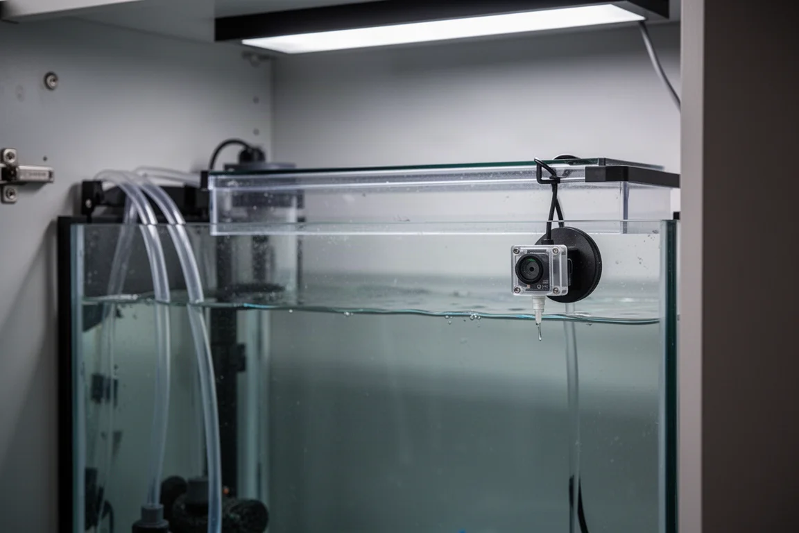 Aquarium-Unterschrank mit Nachfüllbehälter, klarem Schlauch und einem Magnetsensor an der Scheibe