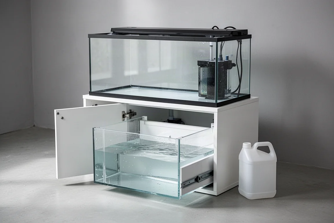 Offener Aquarienschrank mit vorgezogener, teilweise gefüllter Nachfüllbehälter-Schublade