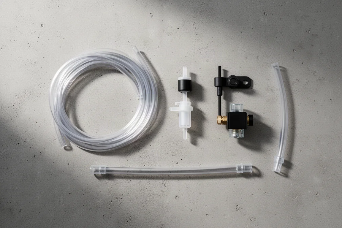 Flache Anordnung von Auto-Top-Off-Zubehör mit Schlauch, Schwimmerventil, Sensorhalterung und Magnetventil