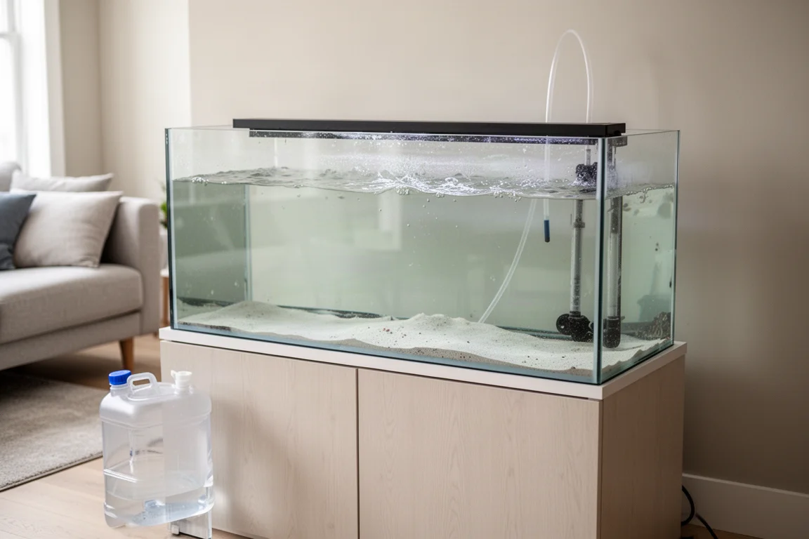 Revakvarium med öppen topp, låg vattenlinje och en dunk färskvatten bredvid