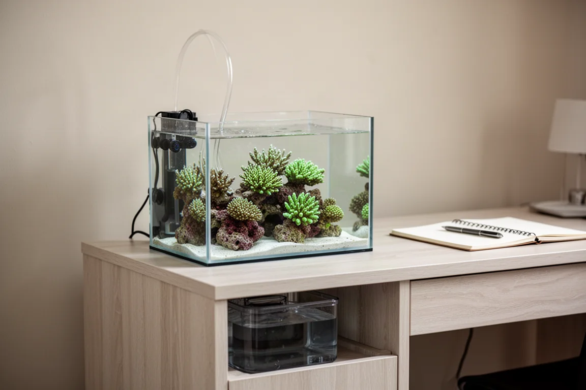 Nanorevakvarium på ett skrivbord i ett hemmakontor med en liten behållare inuti skåpet