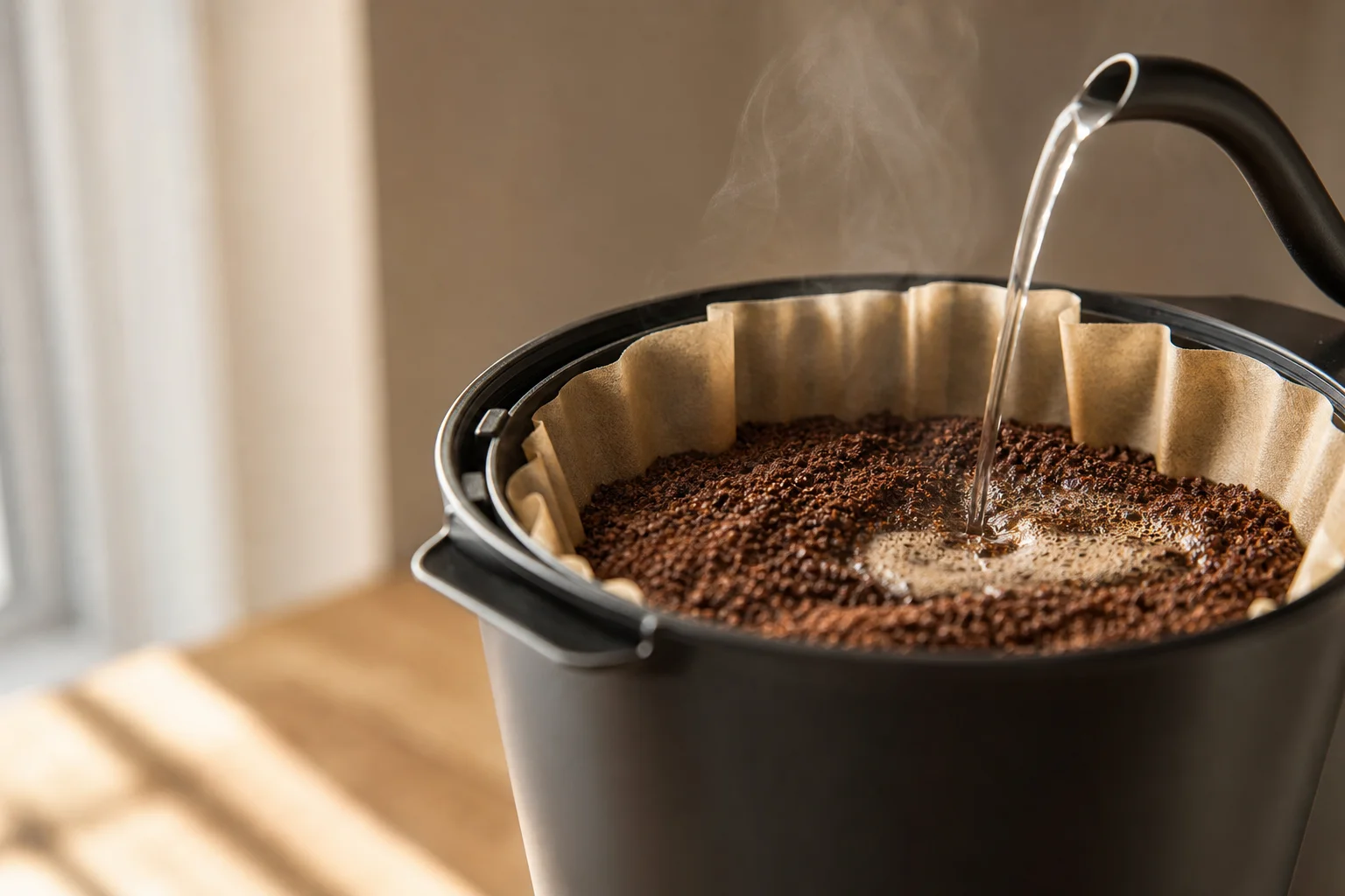 Agua vertiéndose en la cesta de preparación de una cafetera con café molido