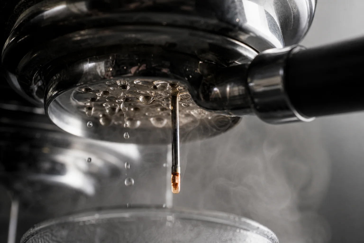 Sonda de temperatura en el cabezal de ducha de la cafetera durante la preparación