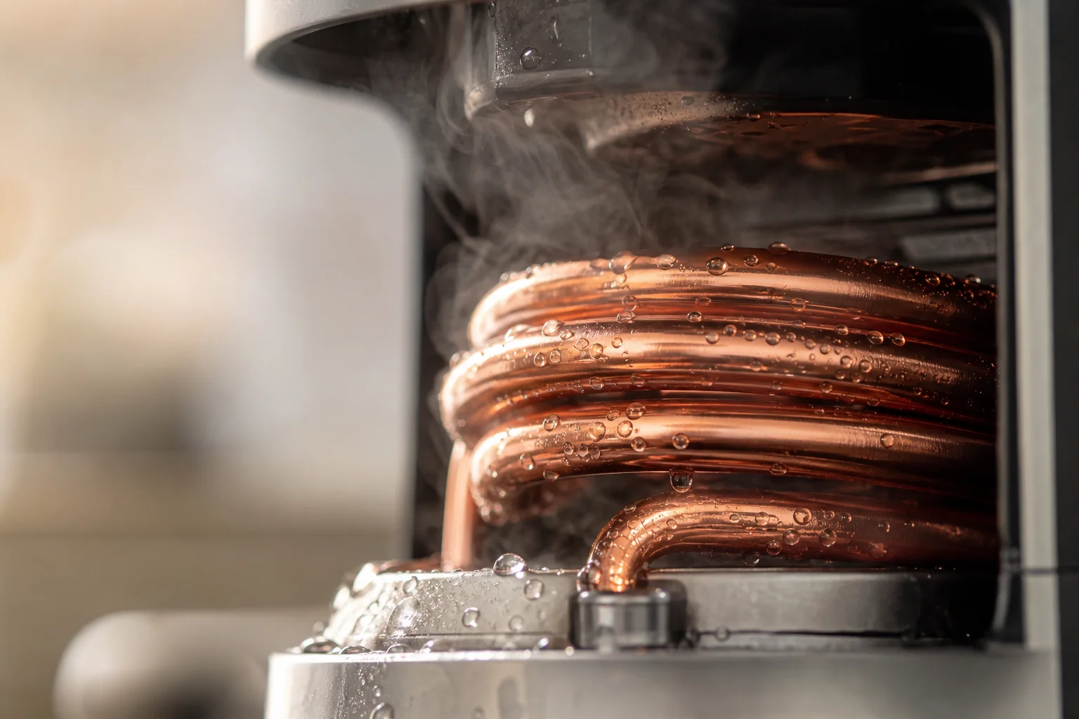 Close-up of copper heating element with water droplets and steam inside coffee maker