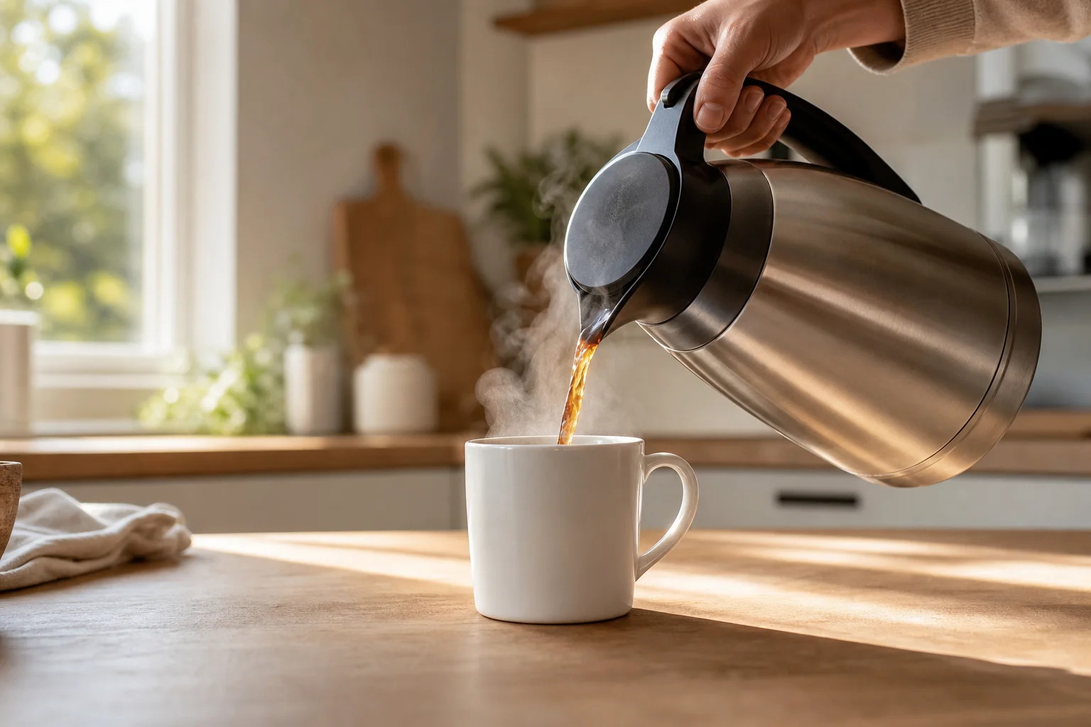 Thermal carafe pouring hot coffee into white ceramic mug with morning sunlight