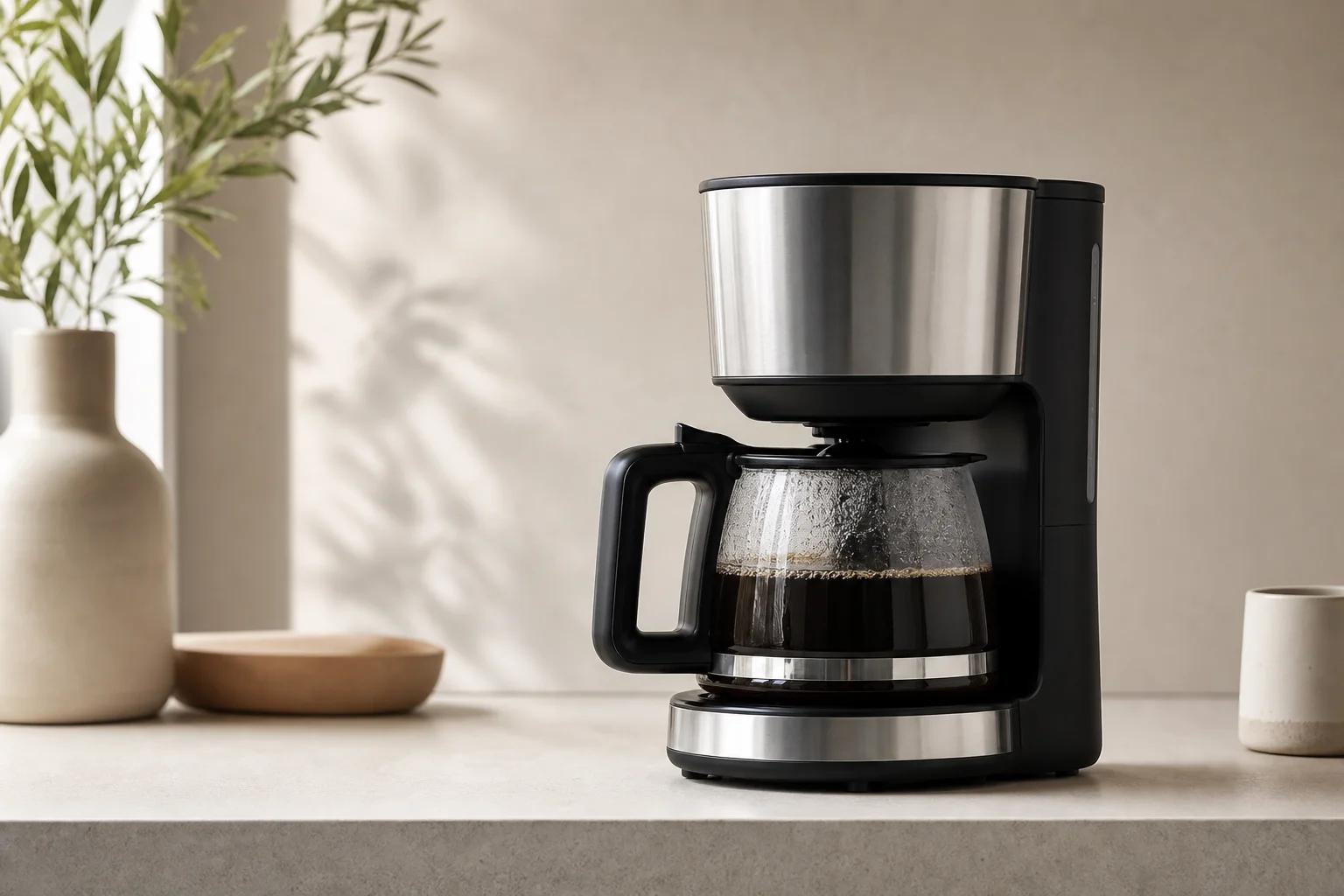 Compact glass carafe coffee maker with hot plate on light kitchen counter