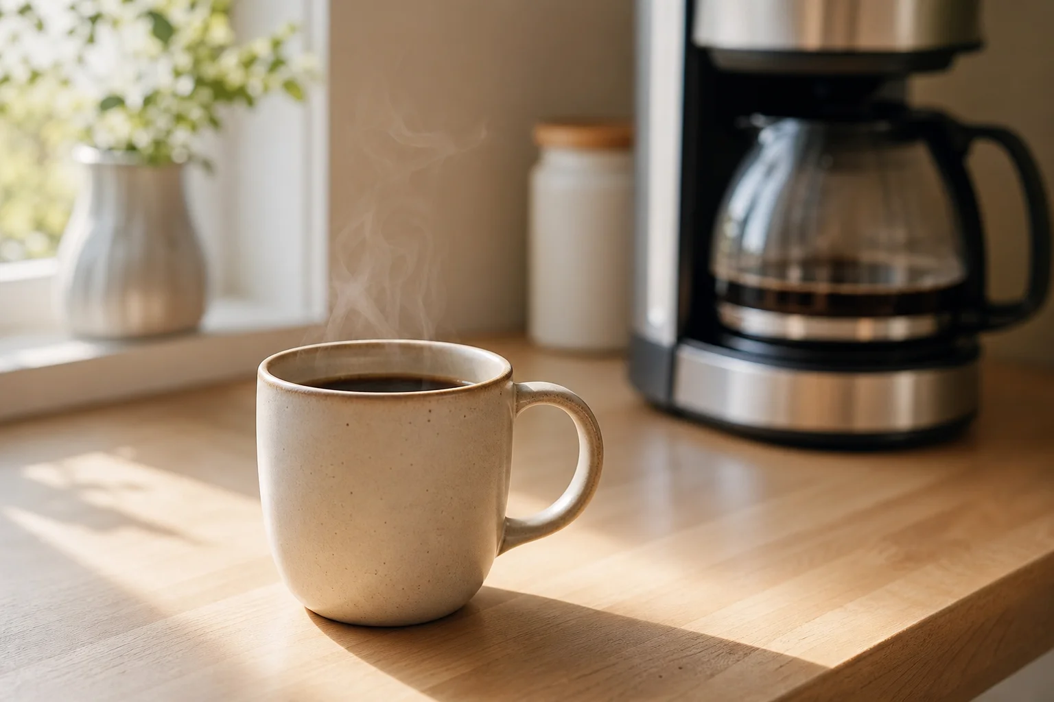 Steaming cup of coffee with coffee maker in background on morning kitchen counter
