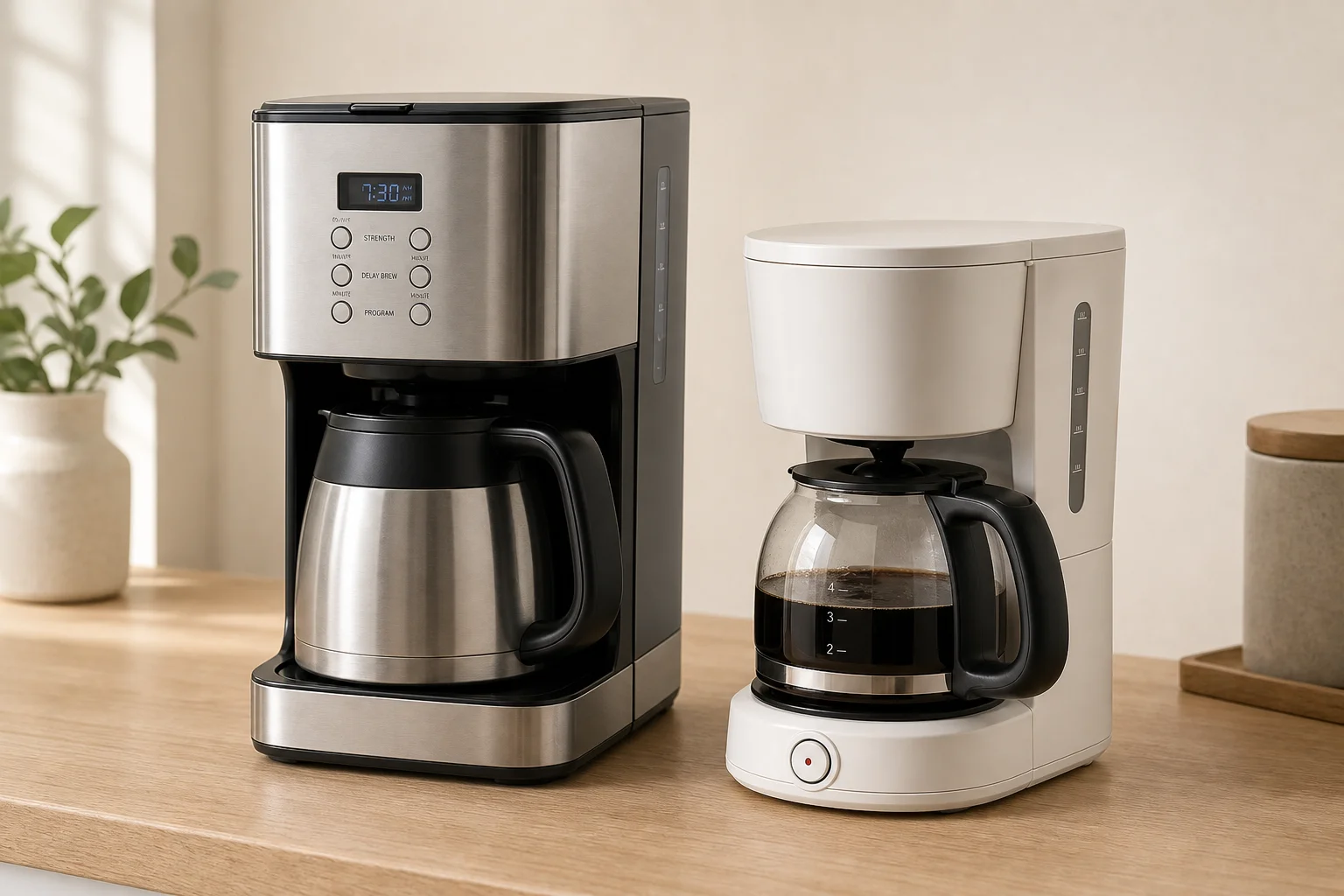 Technivorm Moccamaster KBT and Zojirushi Zutto coffee makers on light wood counter