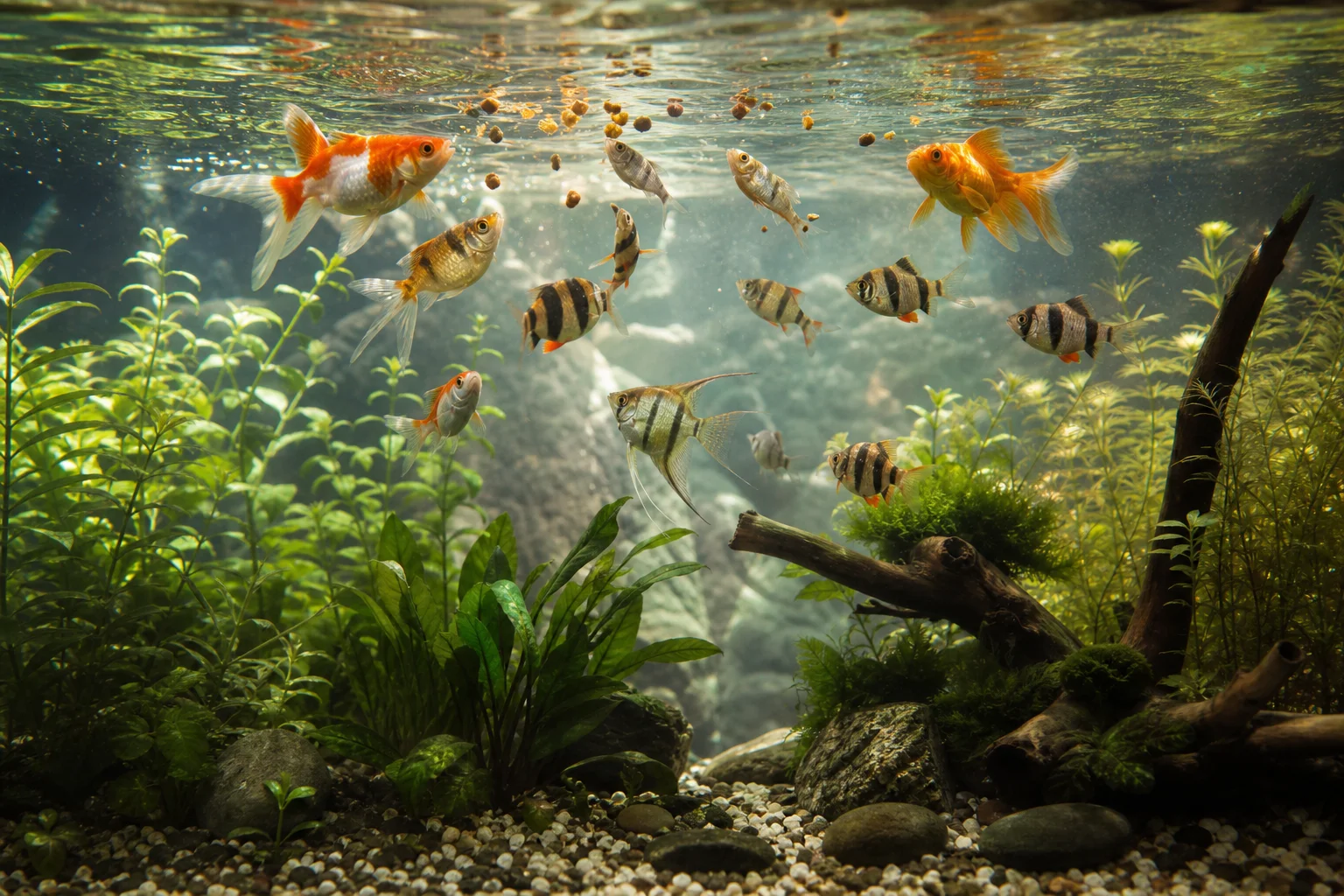 Pesci tropicali che nuotano vicino alla superficie dell'acqua durante l'orario del pasto