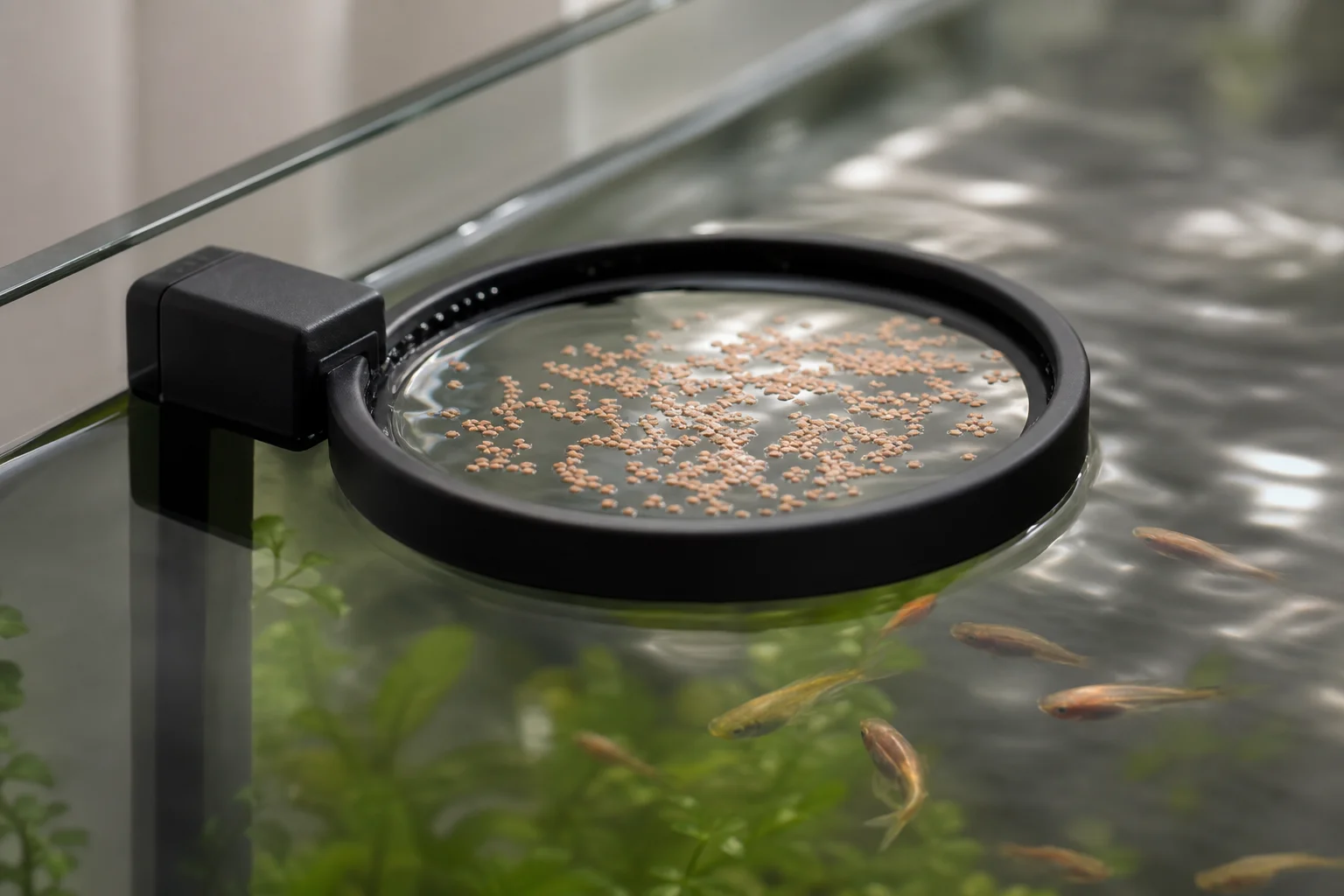 Anello di alimentazione che contiene cibo galleggiante vicino alla superficie dell'acqua dell'acquario