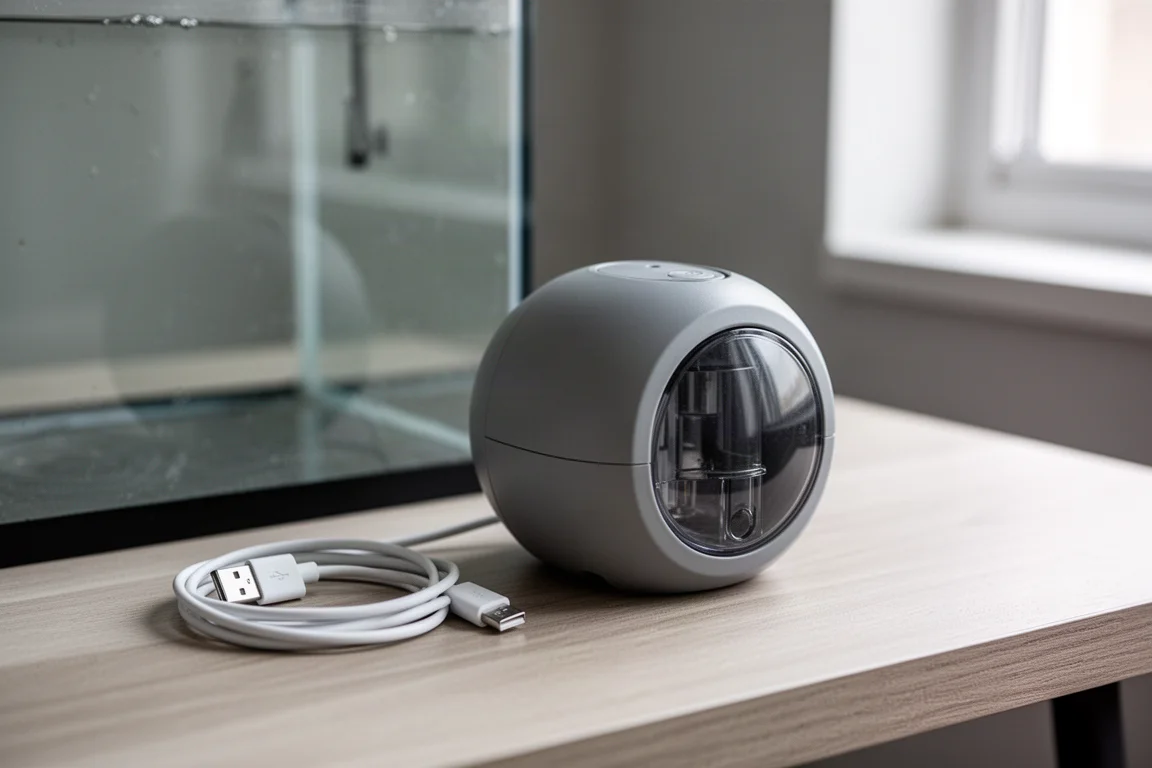 Liten laddningsbar matare ansluten med USB-kabel bredvid ett akvarium