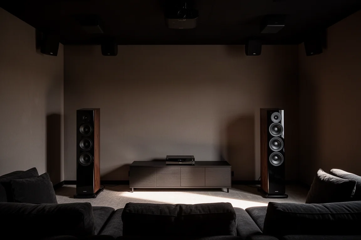 擴音機背板特寫,可見喇叭端子、HDMI 連接埠與超低音輸出