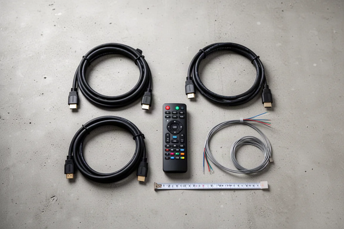 遙控器、HDMI 線與喇叭線在混凝土上的俯拍平鋪照