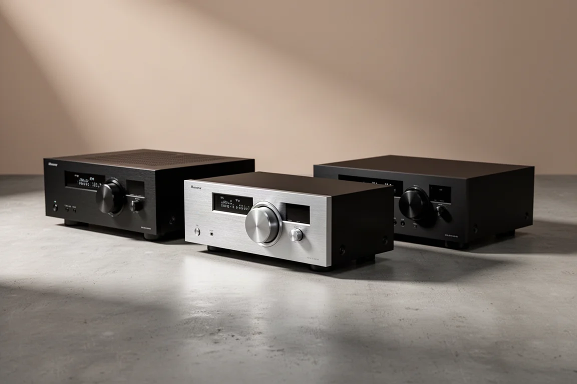 Four black home theater AV receivers arranged in a row on a matte concrete surface