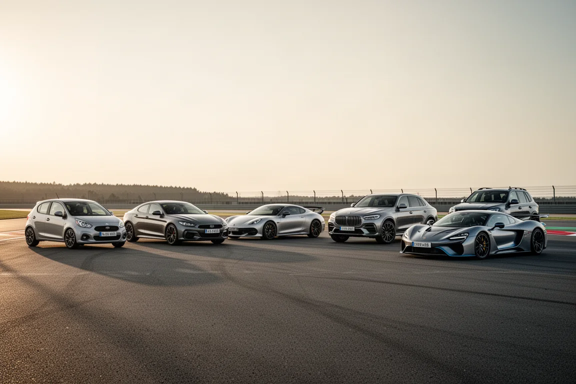 Seven varied performance cars lined up on a race circuit paddock at golden hour