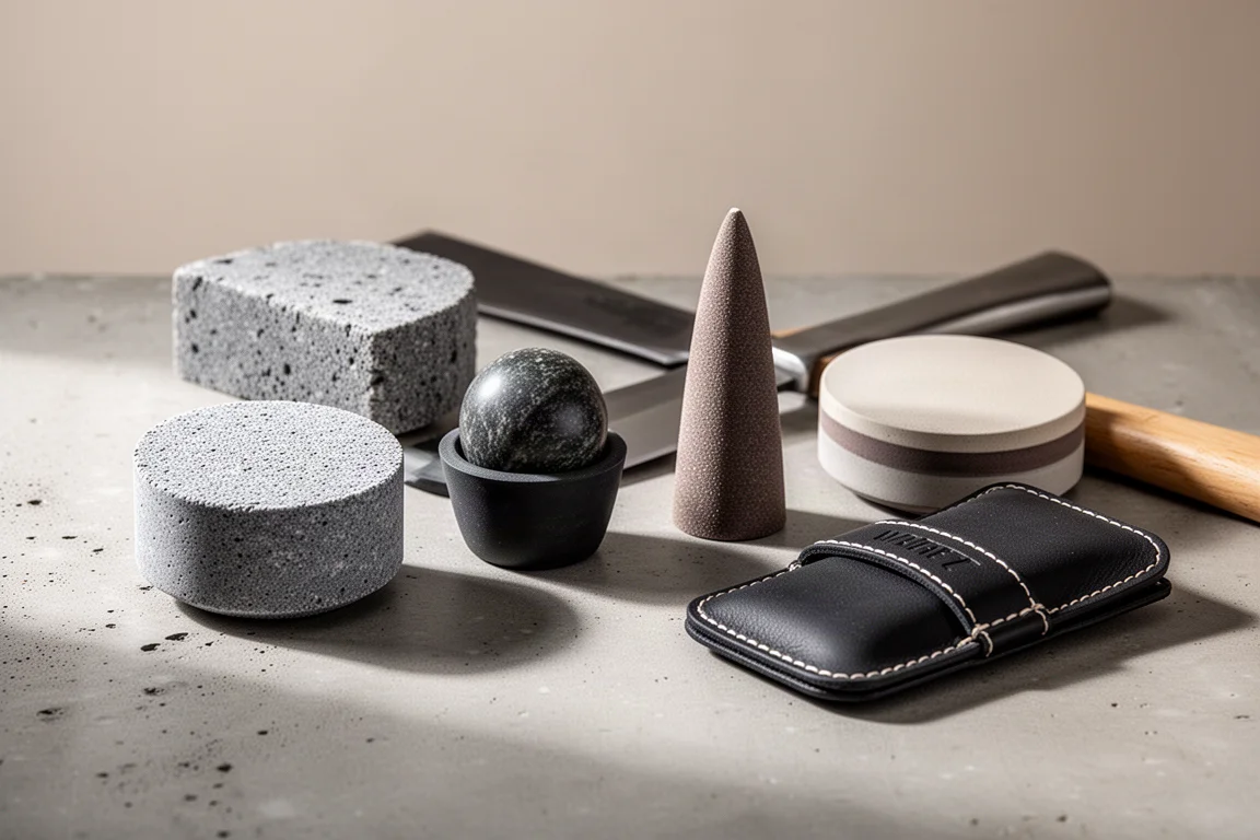 Four sharpening pucks of different grits and sizes beside a hatchet blade on concrete
