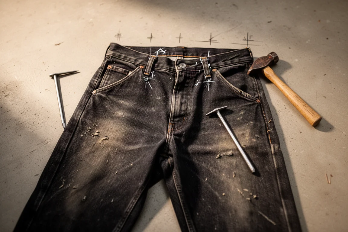 Pantalones de trabajo usados extendidos con la disposición de botones de hembra marcada con bolígrafo