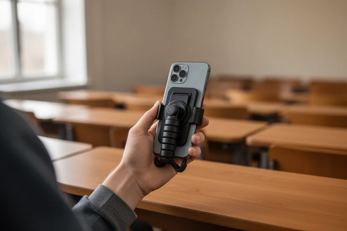 Hand eines Studenten hält ein Smartphone mit angebrachtem Grip in einem Hörsaal