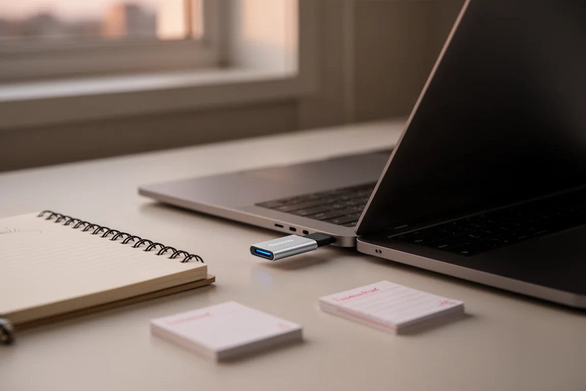 Kaugummigroße portable SSD, mit einem Laptop am Schreibtisch verbunden