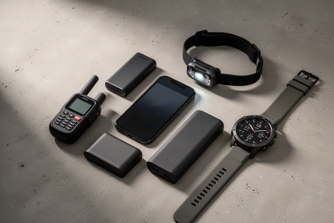 Flat-lay of hiking electronics including satellite communicator, phone, headlamp, power banks, and GPS watch