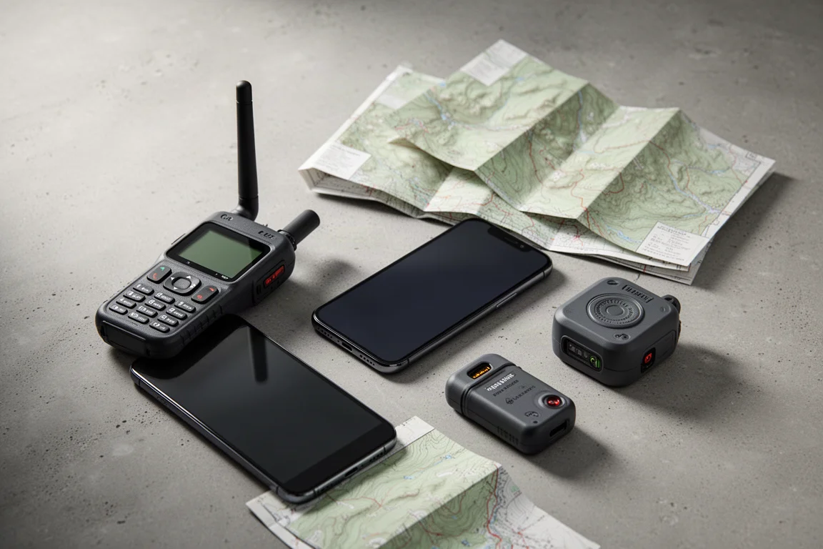 Backcountry safety devices and a topographic map arranged on a concrete surface