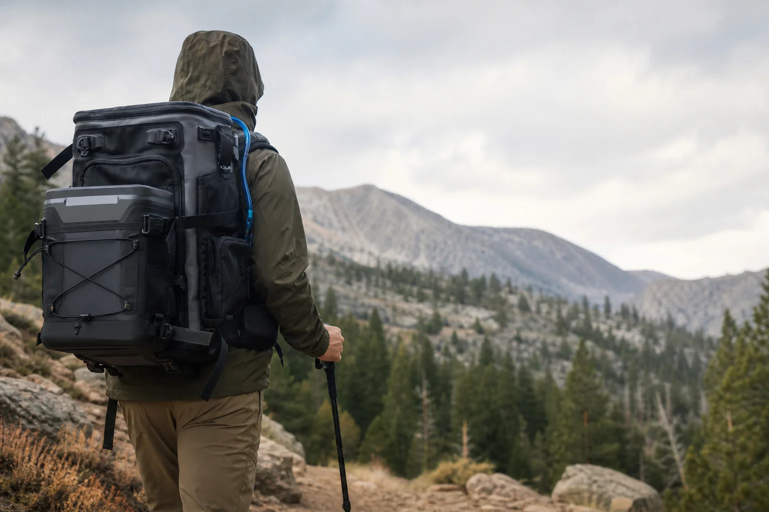 Outdoor enthusiast with a full backpack cooler on a hiking adventure
