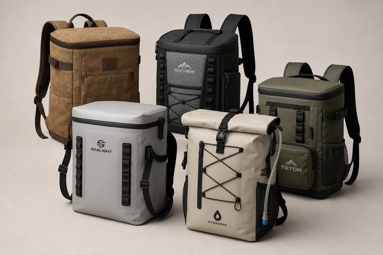 Fünf Rucksack-Kühlboxen vor einem neutralen Hintergrund, die verschiedene Designs und Materialien zeigen