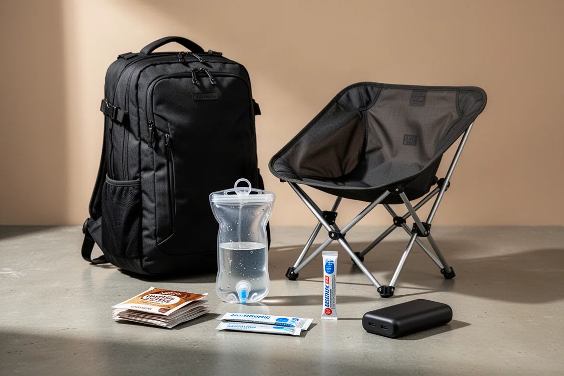 Backpacking accessories including a travel backpack, camp chair, water bladder and power bank