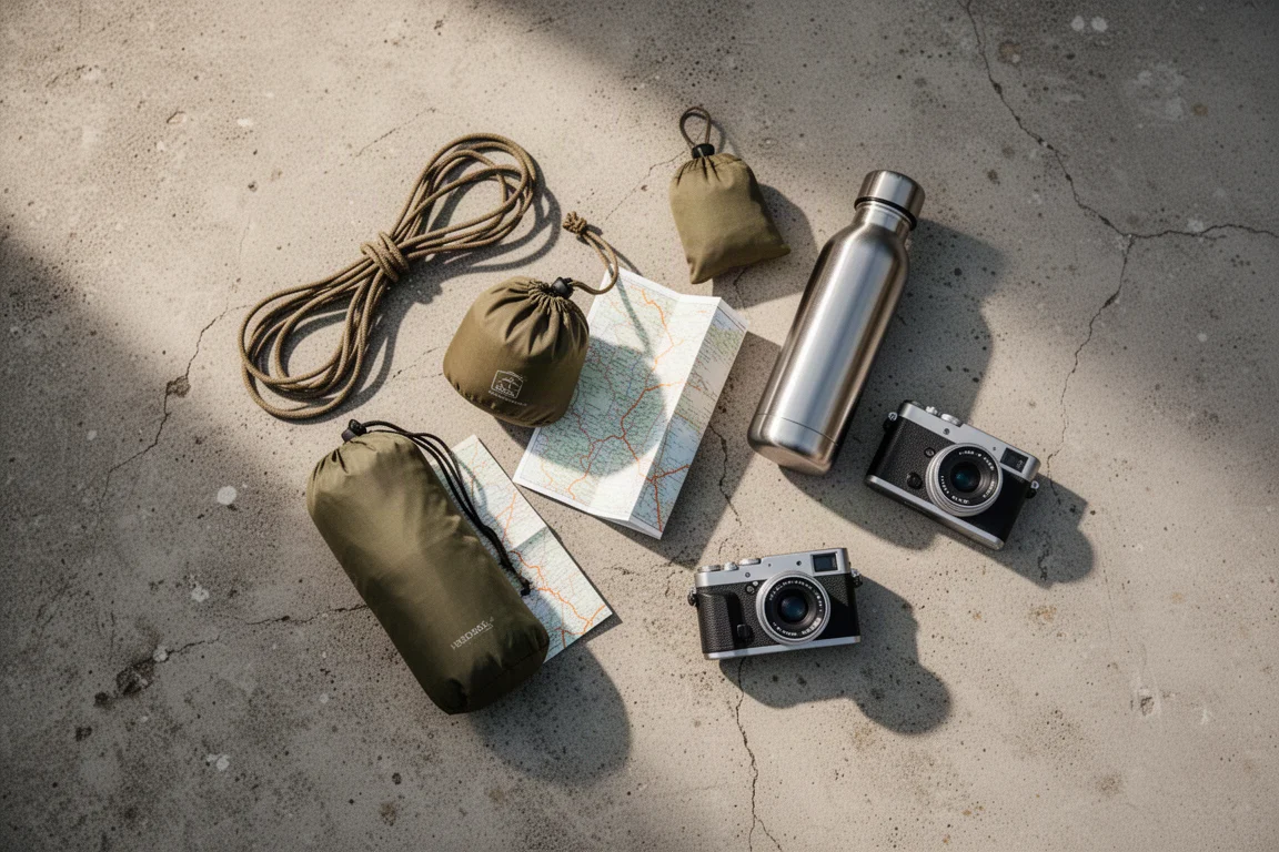 Overhead flat lay of scattered backpacking accessories on weathered concrete