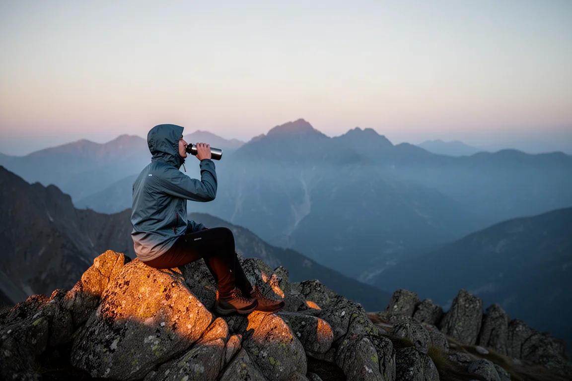 Hiker resting on a rocky ridge at dusk drinking from a water bottle