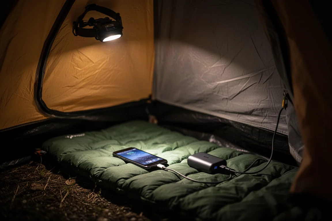Phone and power bank charging inside a tent lit by a headlamp at night