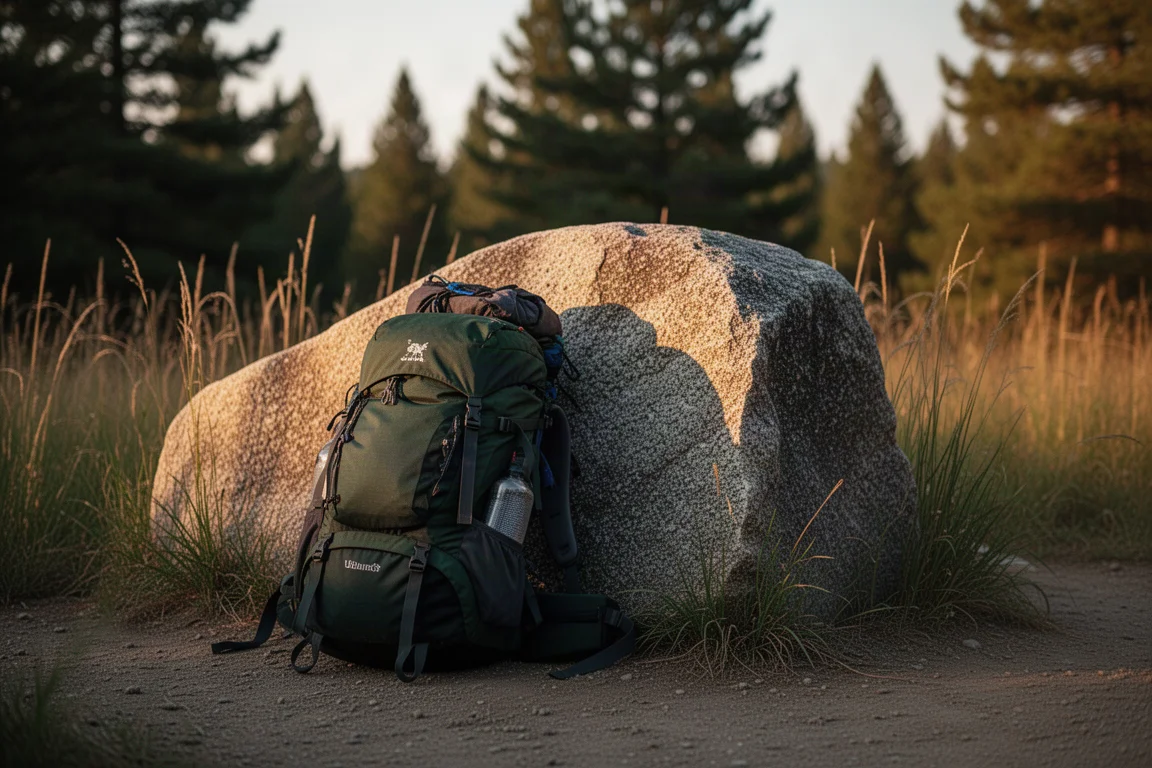 Loaded backpack leaning against a granite boulder at a trailhead at golden hour