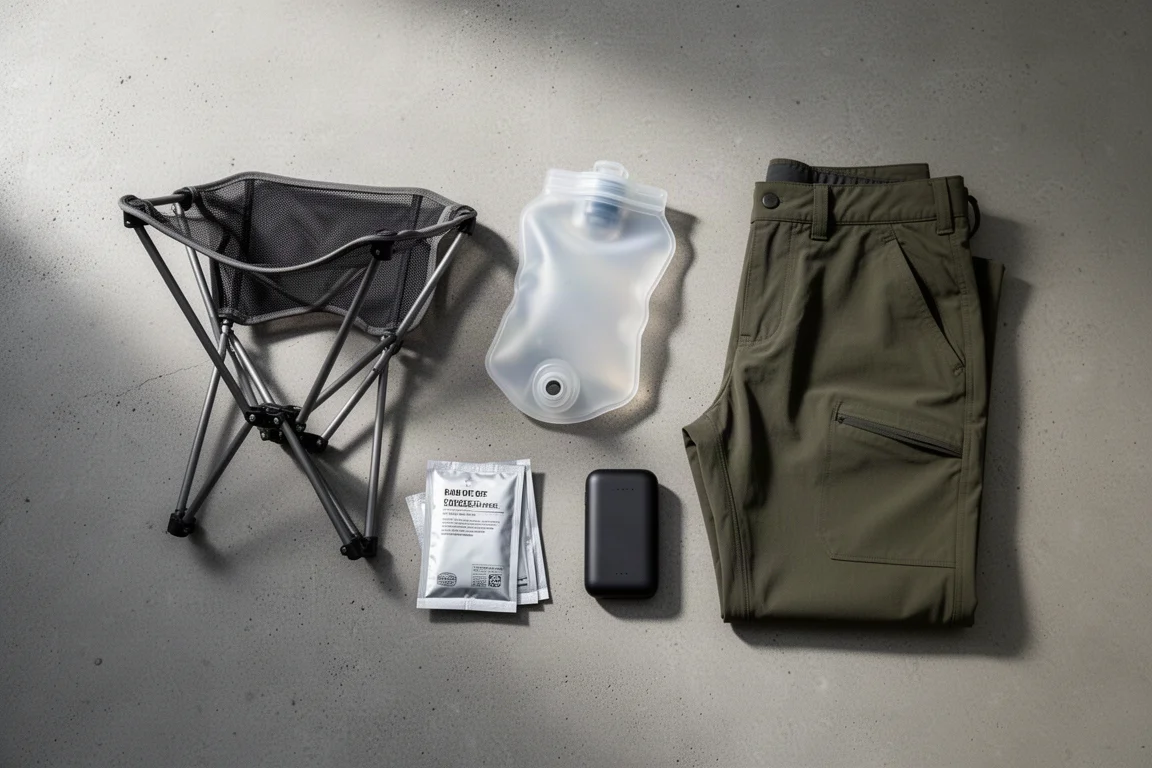 Flat lay of backpacking accessories including a camp chair, water bladder, coffee sachets and power bank