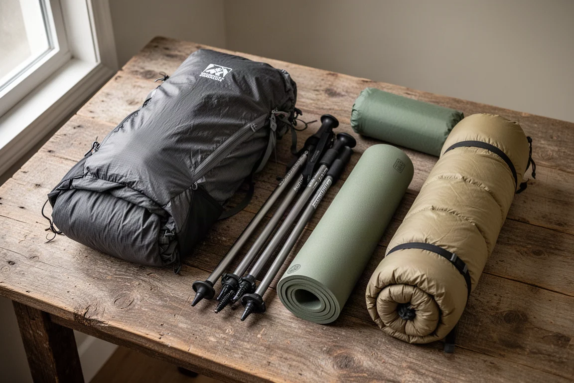 Backpacking backpack, shelter, sleeping pad and quilt arranged as a flat-lay on wood