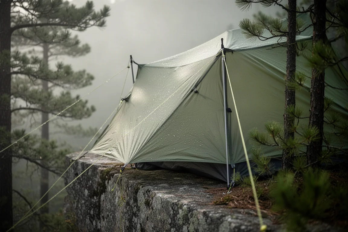 Tweepersoons trekkingstoktent op een mistige bergkam in de schemering met warm licht binnen