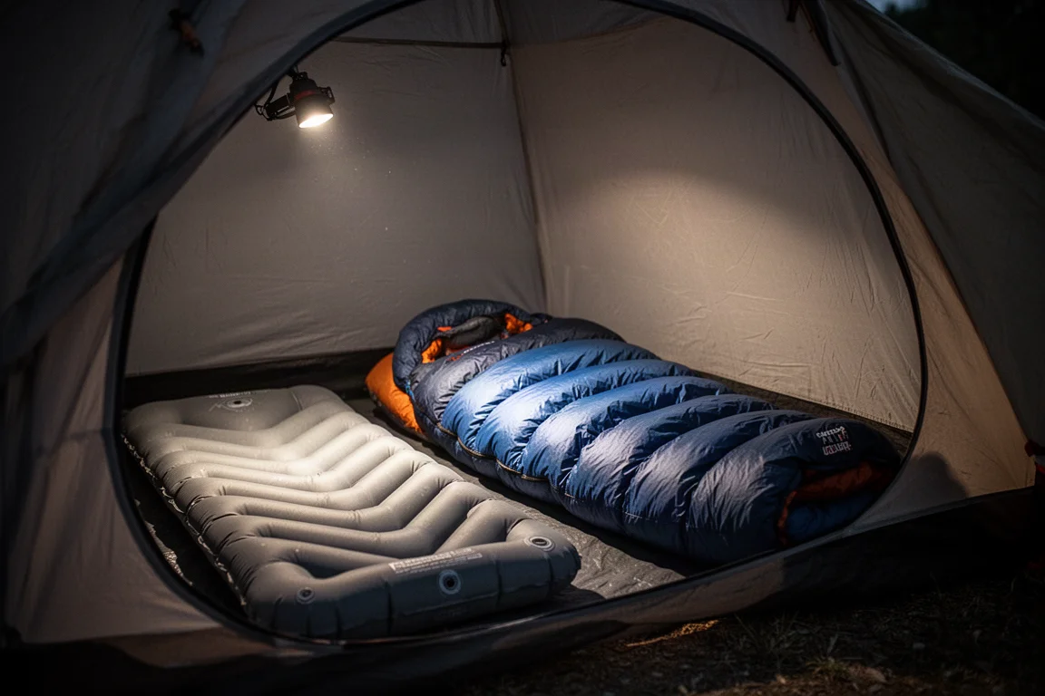 Donsquilt over een slaapmatje in een tent in het vroege ochtendlicht