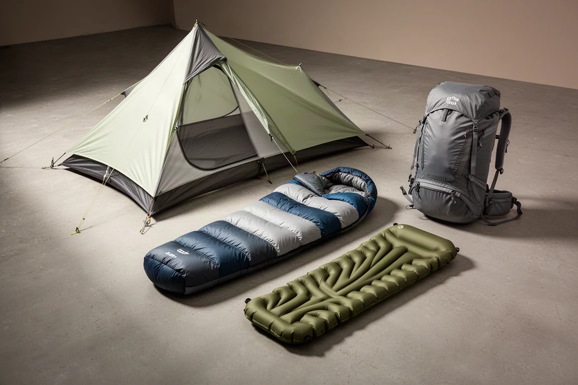 Lightweight backpacking kit with pack, trekking pole tent, sleeping pad, and quilt on concrete