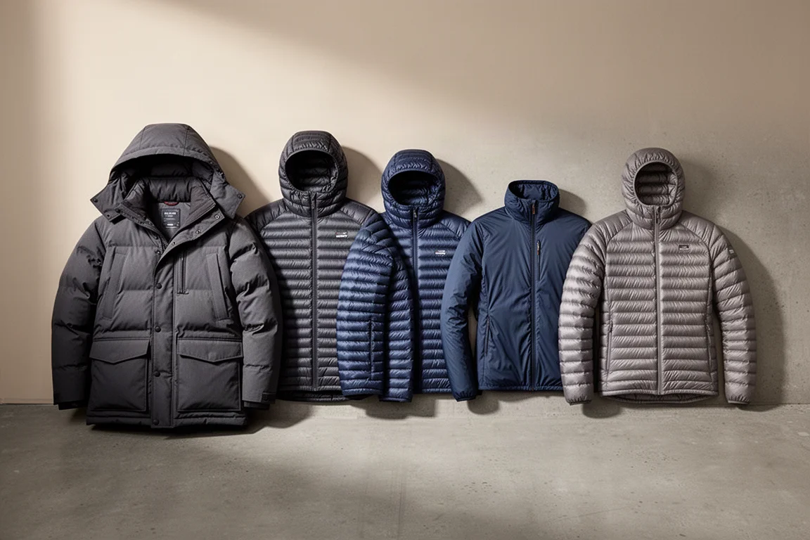Six insulated backpacking jackets arranged in a row on a matte concrete surface