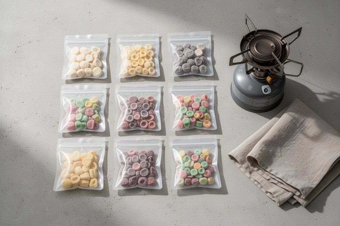 コンクリート上の小さな再封可能なドライキャンディパウチのフラットレイ