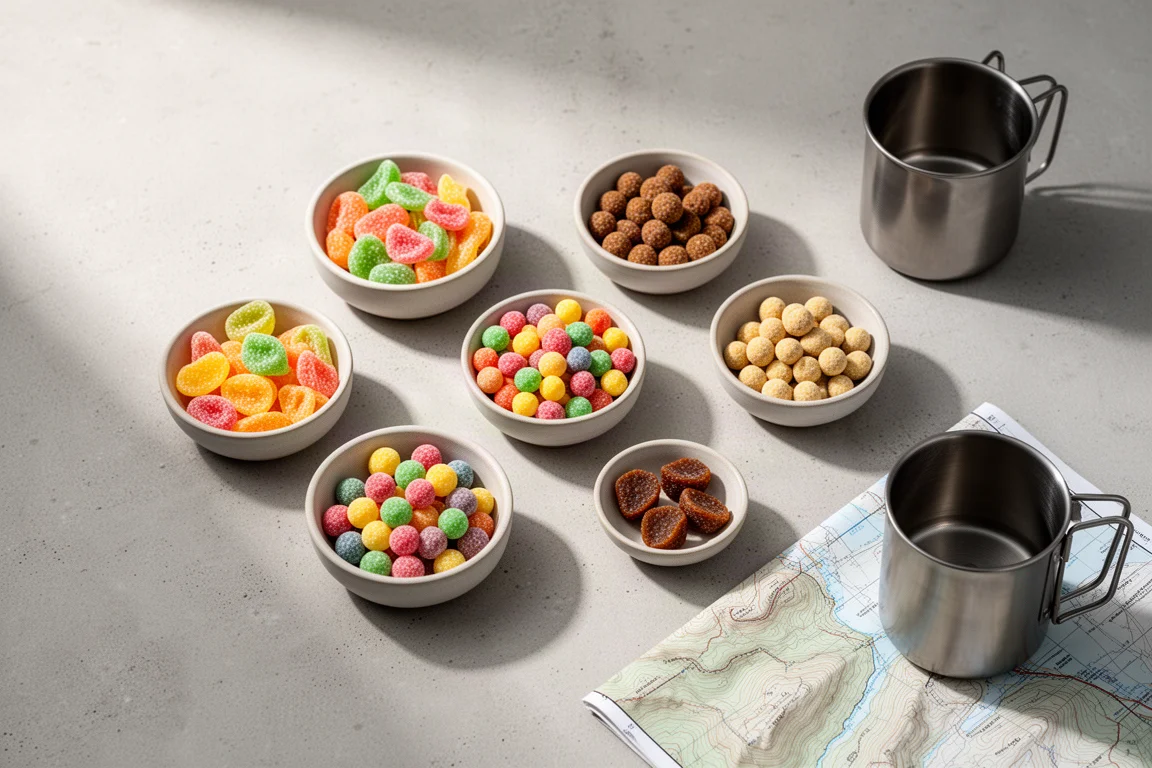 Surtido de caramelos liofilizados en pequeños cuencos sobre concreto con un mapa y una taza de campamento
