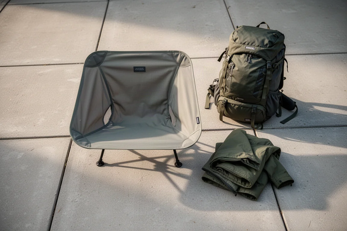 Flache Draufsicht auf gepackte Campingausrüstung mit Stuhl-Packsäcken, Kocher, Becher und Karte