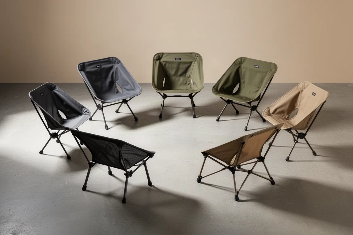 Five compact folding backpacking chairs arranged in a row on a concrete surface